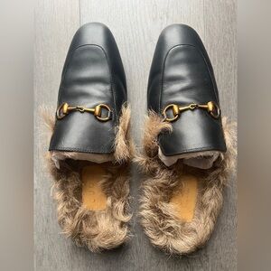 Gucci Princetown Series Wool Slipper Black  with Gold Horsebit